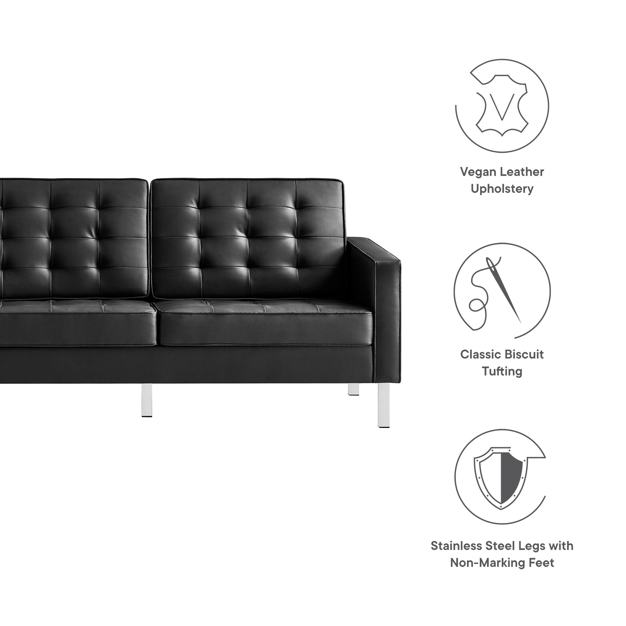 Loft Tufted Vegan Leather Sofa - Silver Black