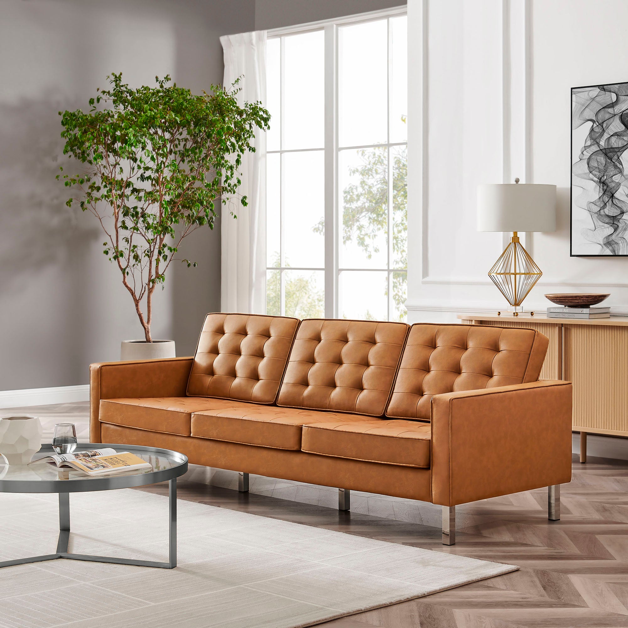 Loft Tufted Vegan Leather Sofa - Silver Tan