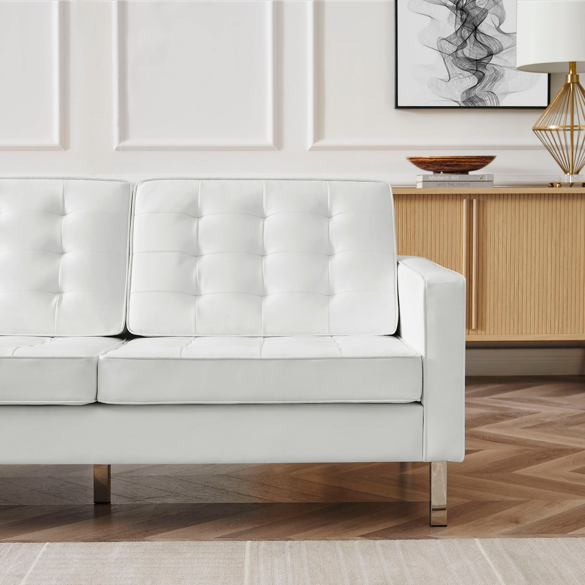 Loft Tufted Vegan Leather Sofa - Silver White