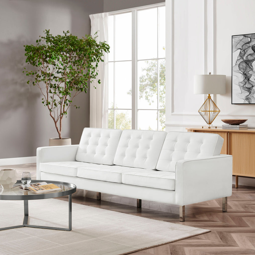 Loft Tufted Vegan Leather Sofa - Silver White