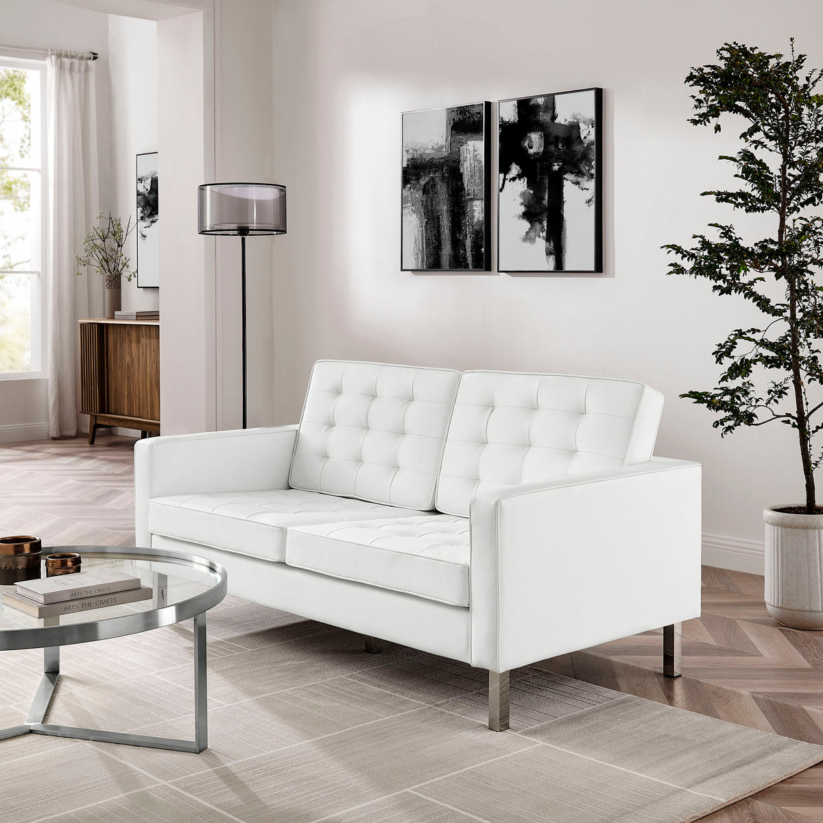 Loft Tufted Vegan Leather Loveseat - Silver White