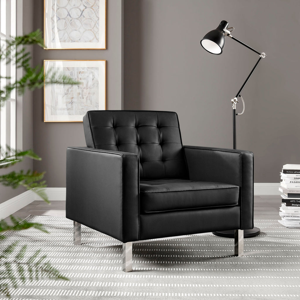 Loft Tufted Vegan Leather Armchair - Silver Black