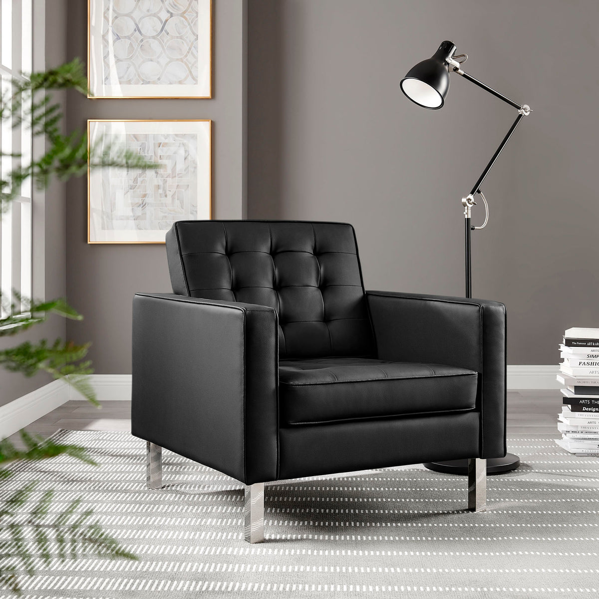 Loft Tufted Vegan Leather Armchair - Silver Black