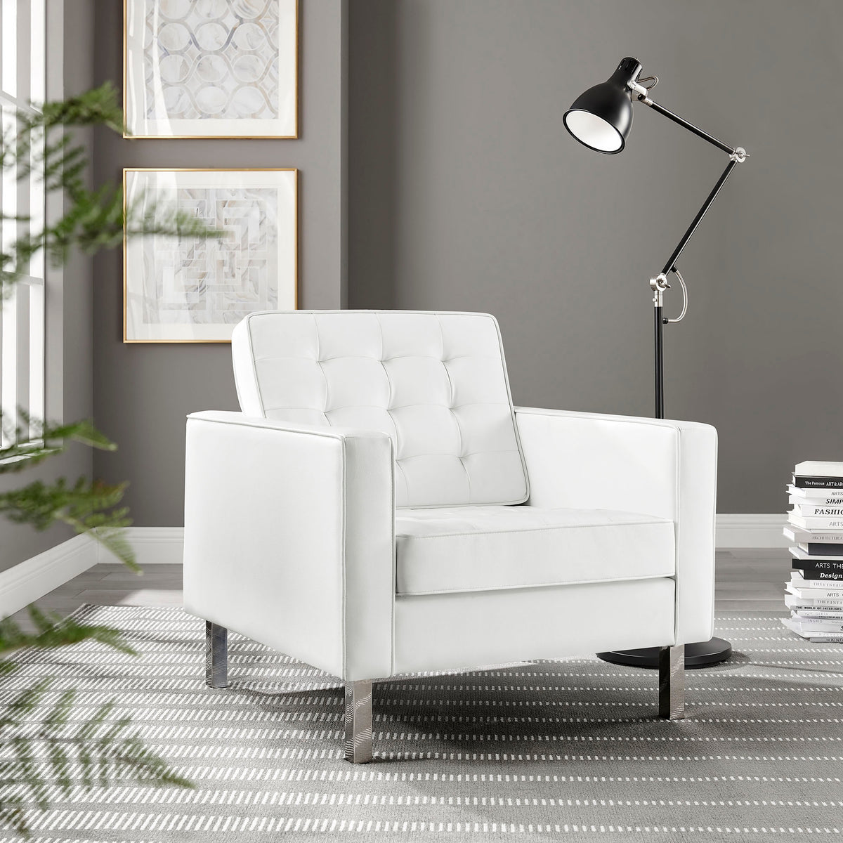 Loft Tufted Vegan Leather Armchair - Silver White