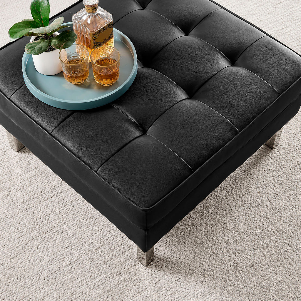 Loft Tufted Vegan Leather Ottoman - Silver Black