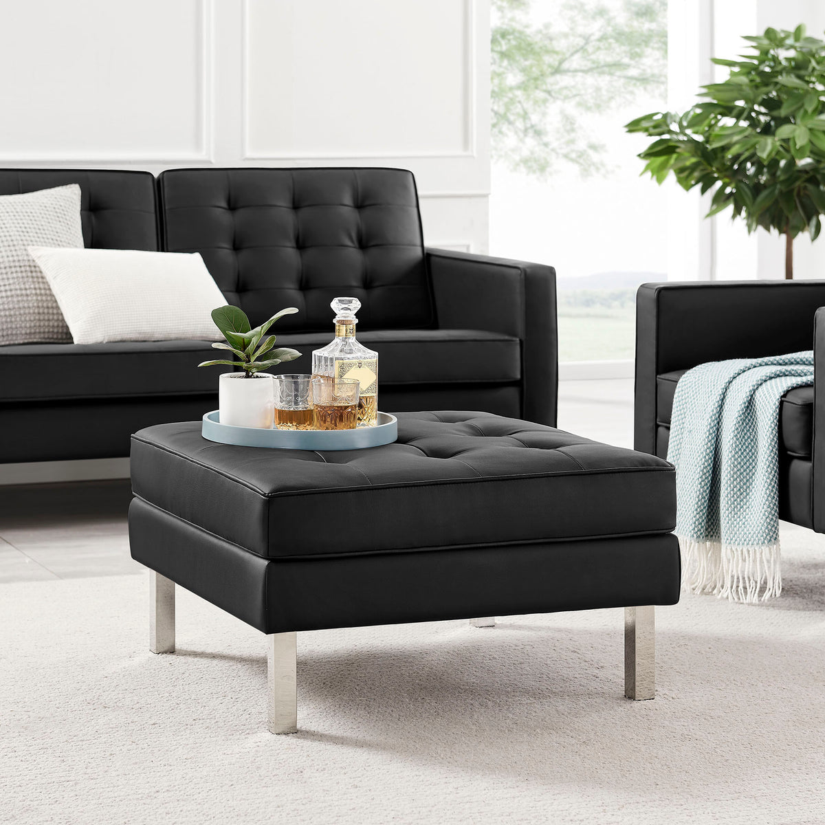 Loft Tufted Vegan Leather Ottoman - Silver Black