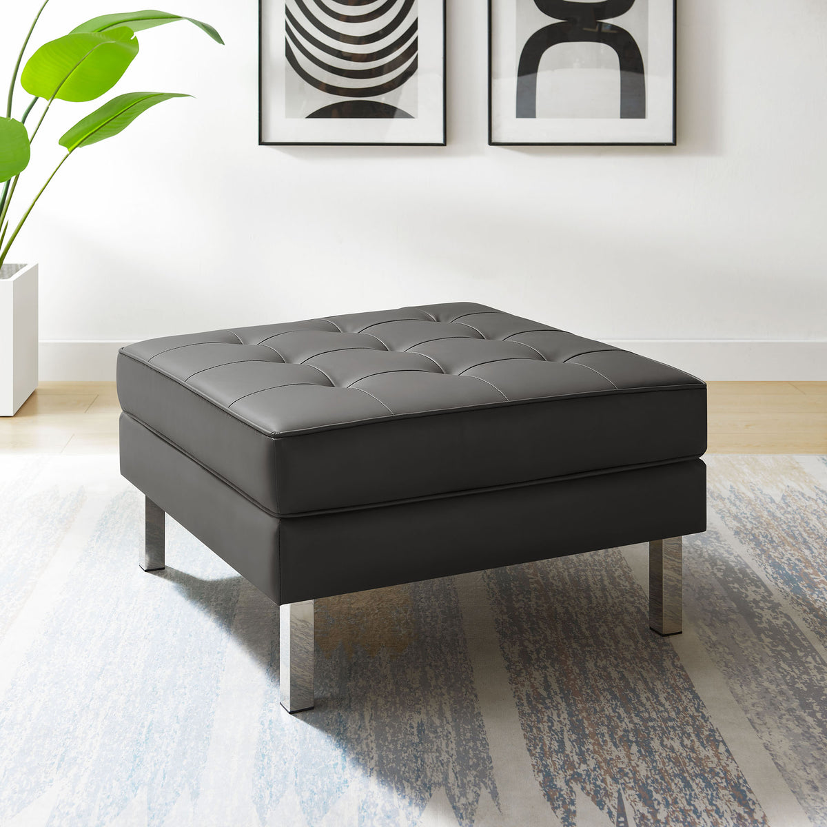 Loft Tufted Vegan Leather Ottoman - Silver Gray