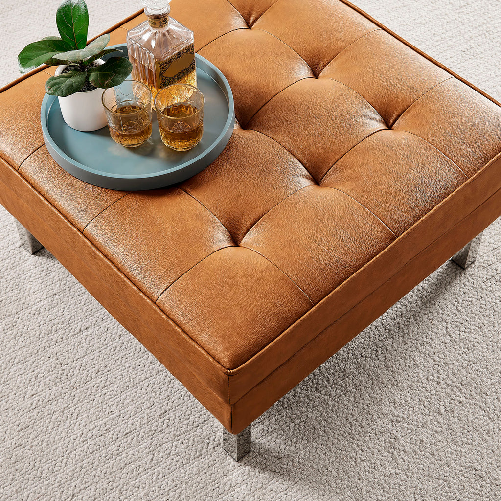 Loft Tufted Vegan Leather Ottoman - Silver Tan
