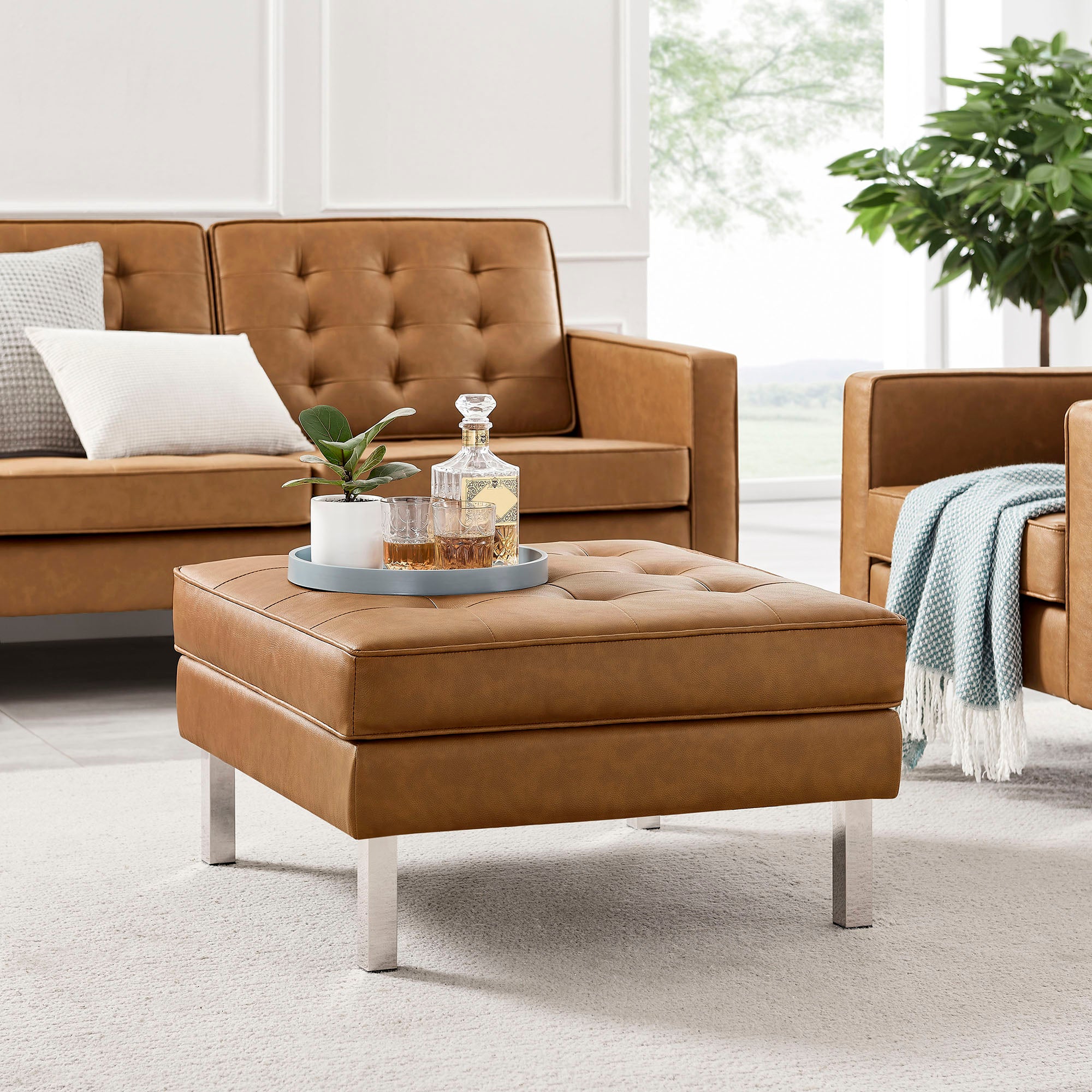 Loft Tufted Vegan Leather Ottoman - Silver Tan