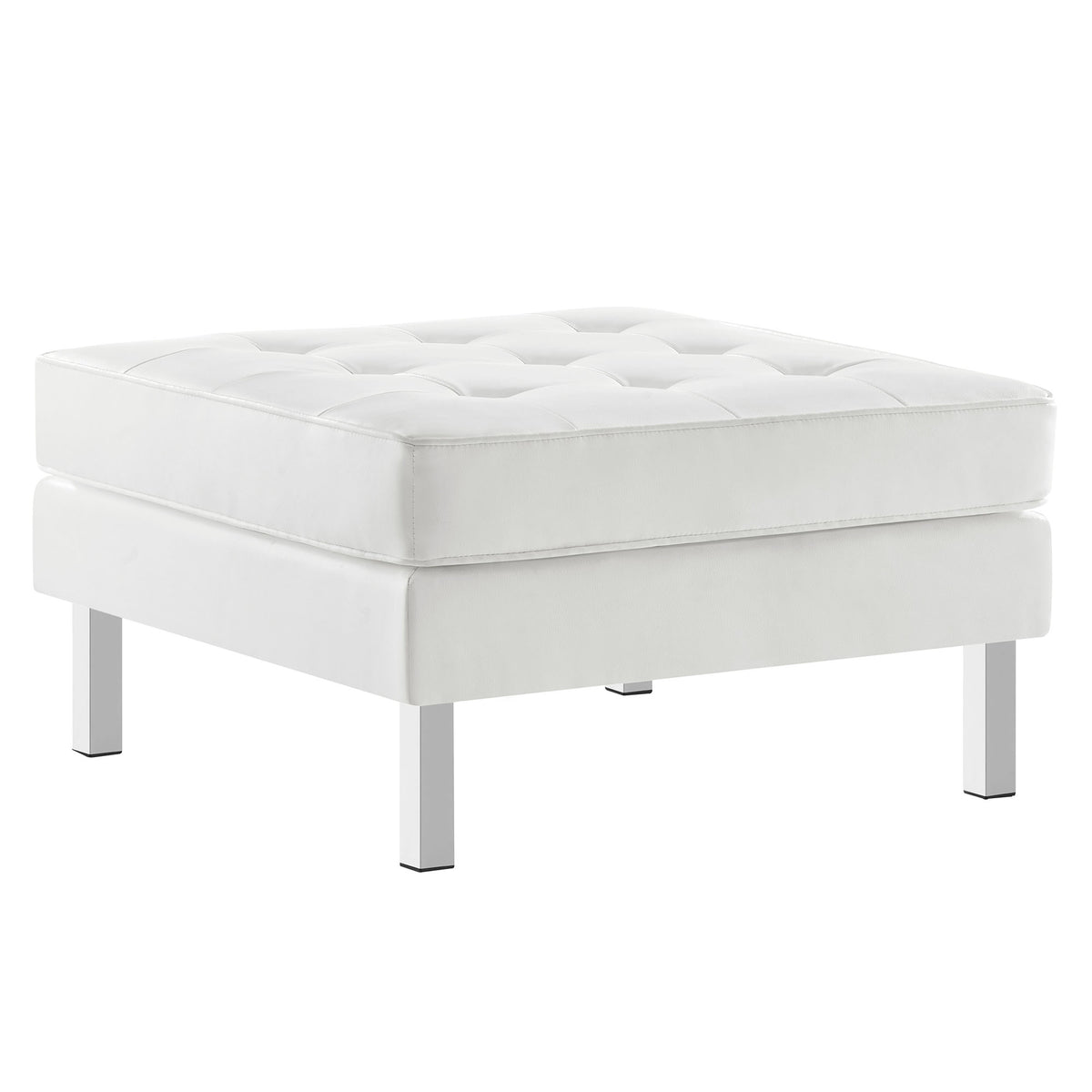 Loft Tufted Vegan Leather Ottoman - Silver White