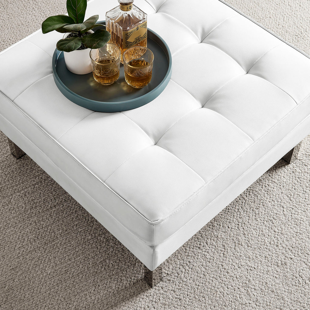 Loft Tufted Vegan Leather Ottoman - Silver White