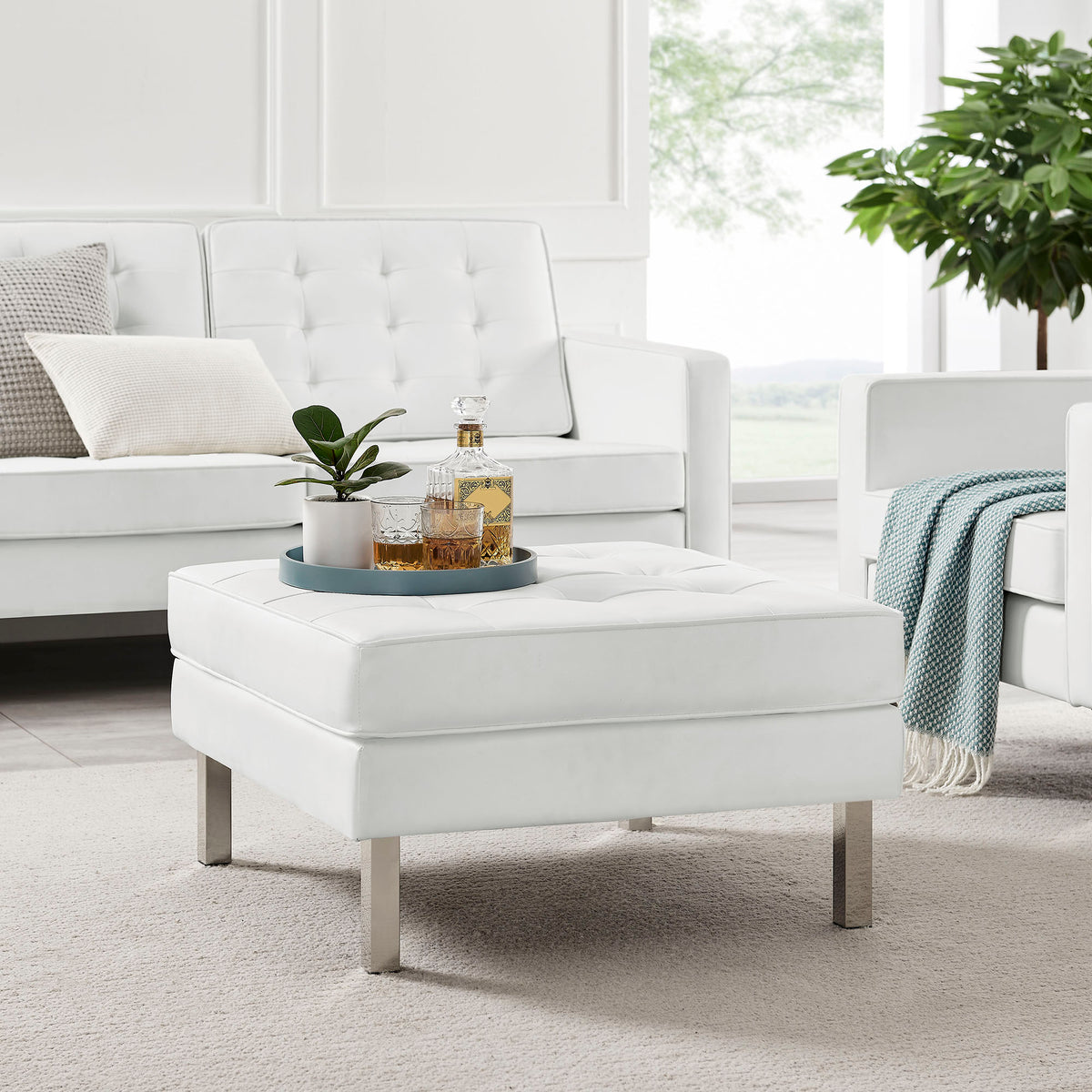 Loft Tufted Vegan Leather Ottoman - Silver White