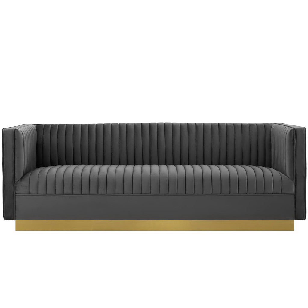 Sanguine Vertical Channel Tufted Performance Velvet Sofa - Gray