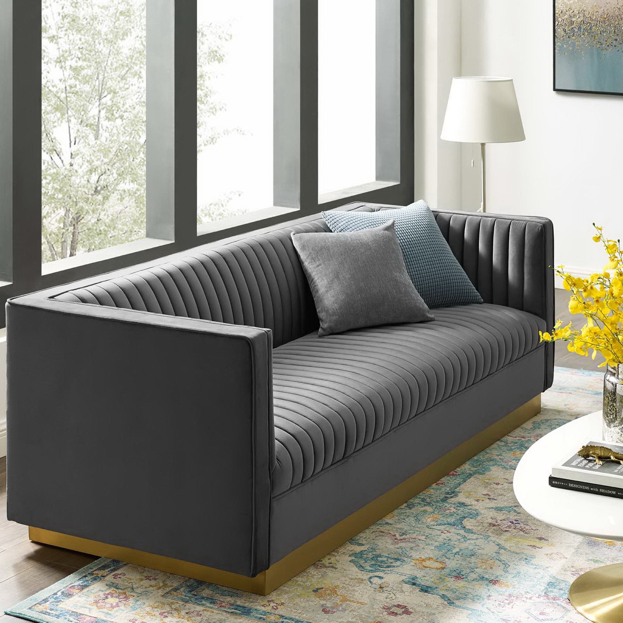 Sanguine Vertical Channel Tufted Performance Velvet Sofa - Gray