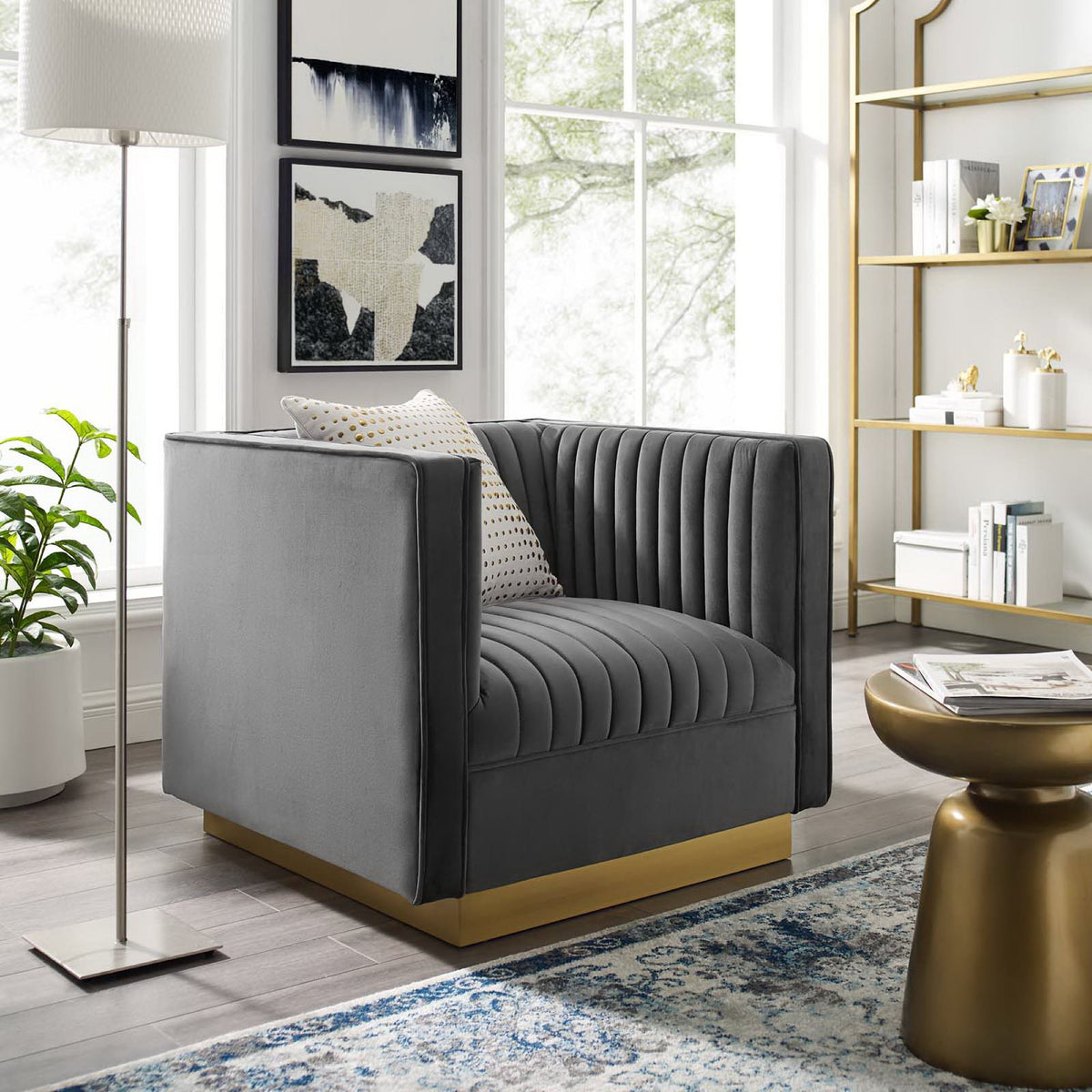 Sanguine Vertical Channel Tufted Accent Performance Velvet Armchair - Gray