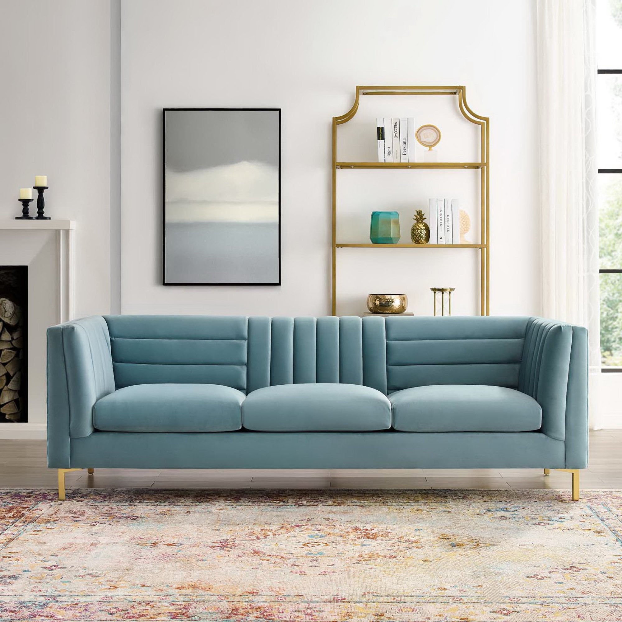 Ingenuity Channel Tufted Performance Velvet Sofa - Light Blue