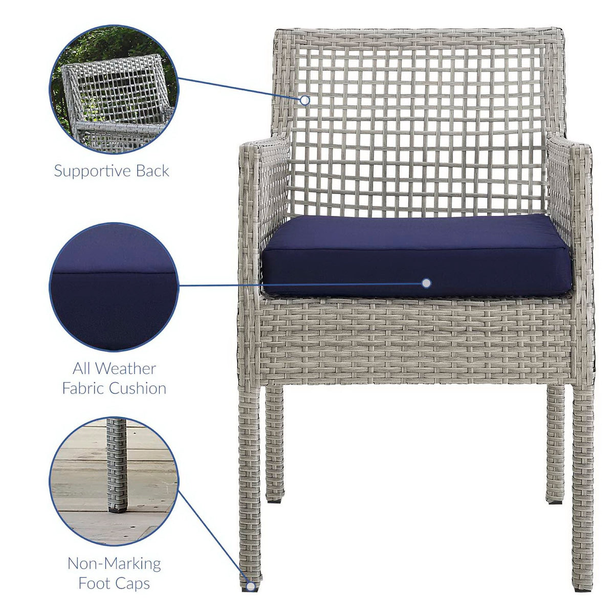 Aura Outdoor Patio Wicker Rattan Dining Armchair Set of 2 - Gray Navy