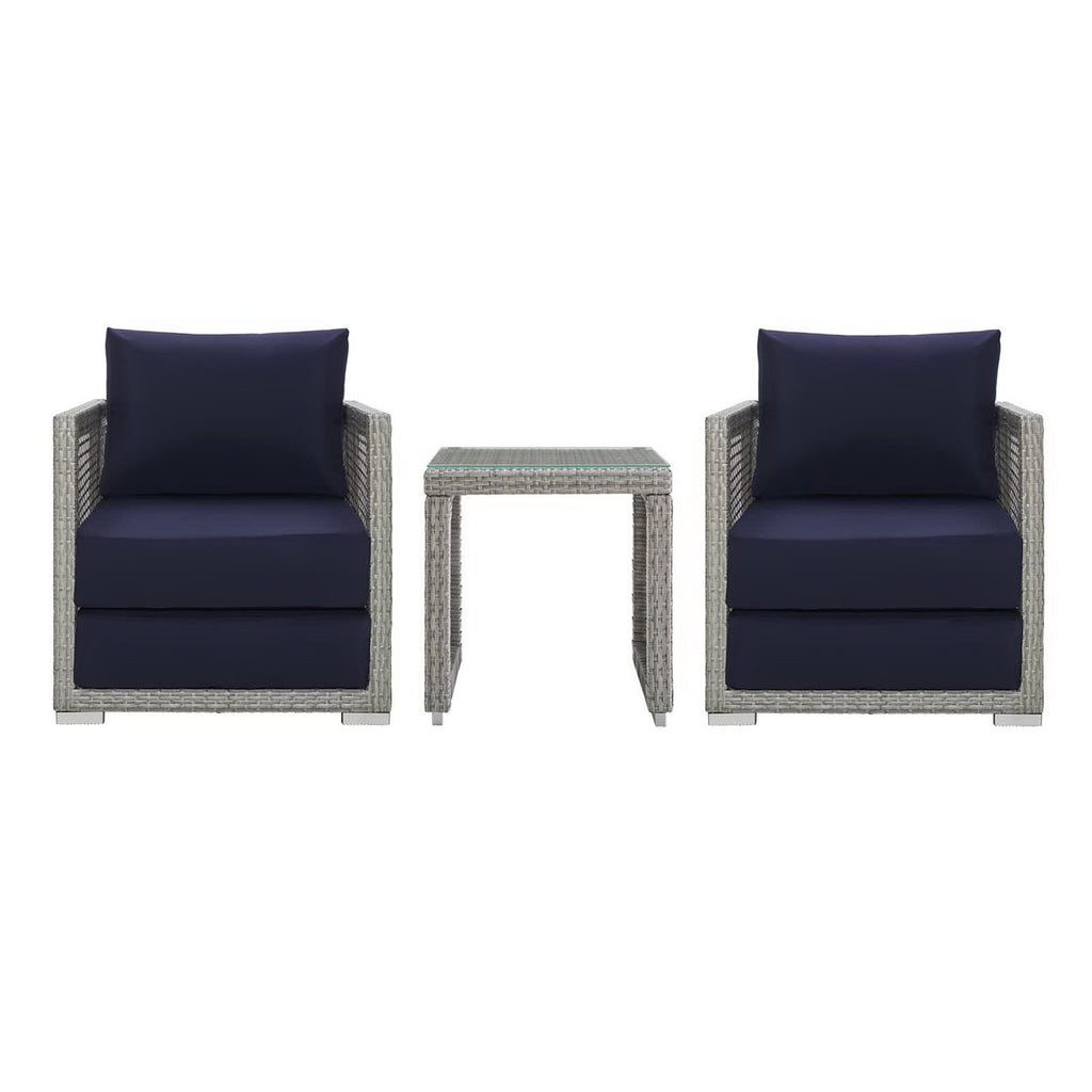 Aura 3 Piece Outdoor Patio Wicker Rattan Set - Gray Navy (2 Armchairs, Side Table)