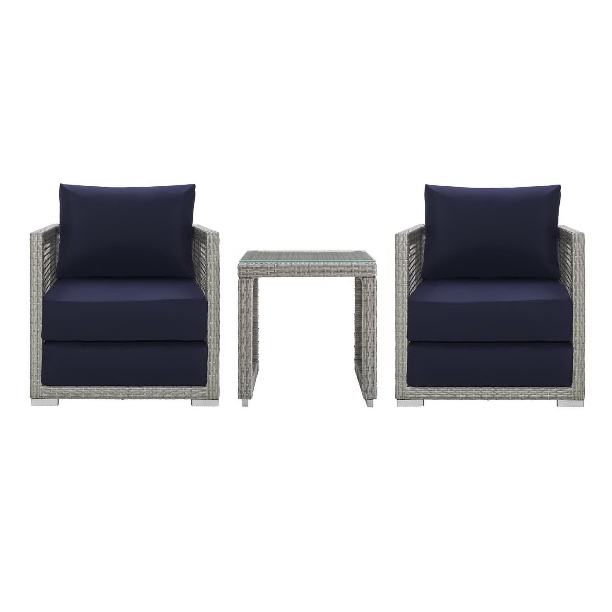 Aura 3 Piece Outdoor Patio Wicker Rattan Set - Gray Navy (2 Armchairs, Side Table)