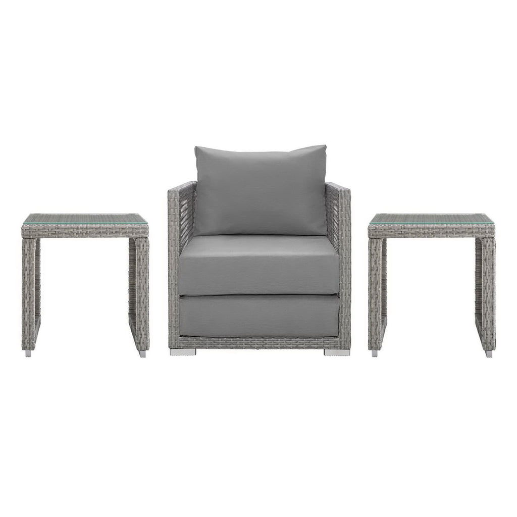 Aura 3 Piece Outdoor Patio Wicker Rattan Set - Gray Gray (Armchair, 2 Side Tables)