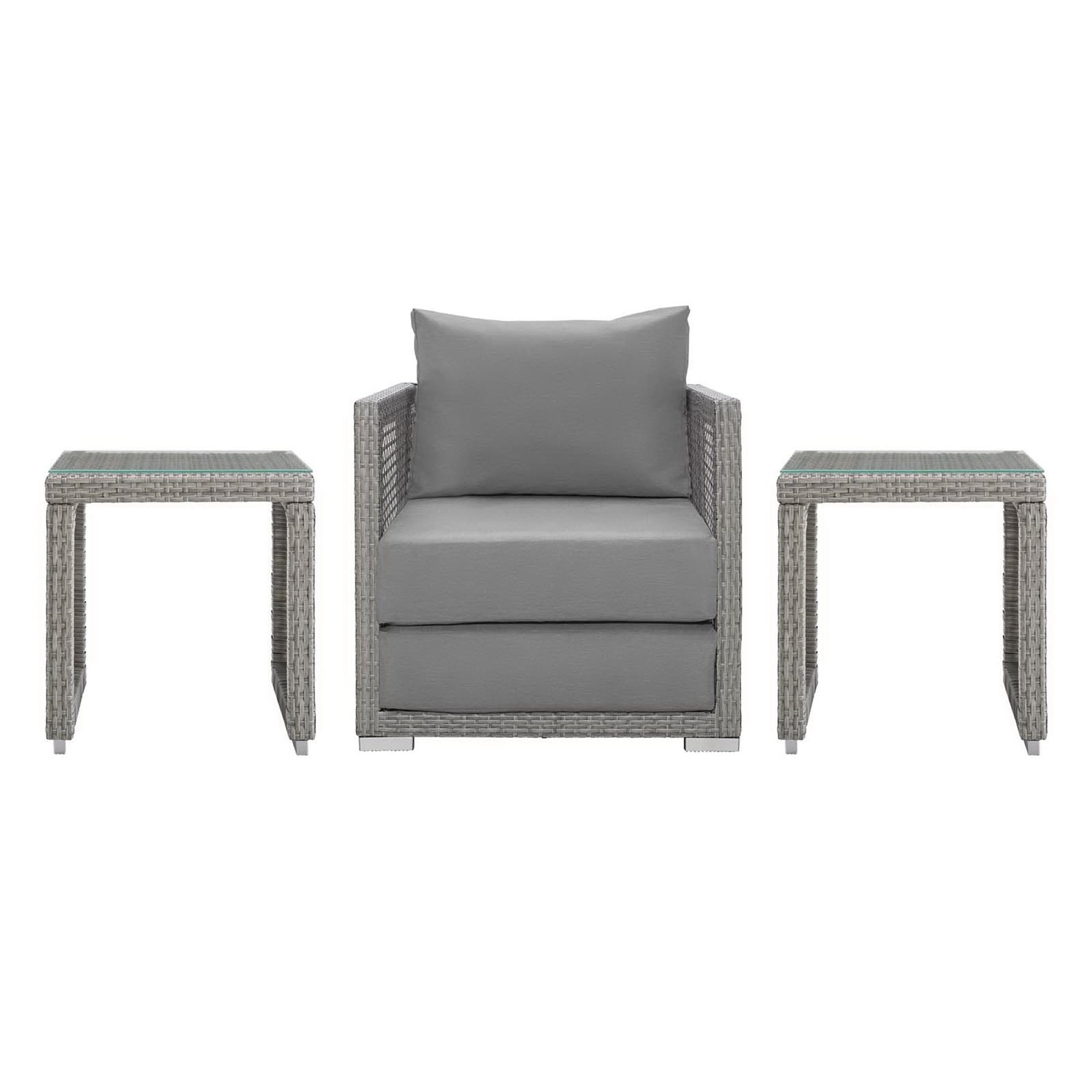 Aura 3 Piece Outdoor Patio Wicker Rattan Set - Gray Gray (Armchair, 2 Side Tables)