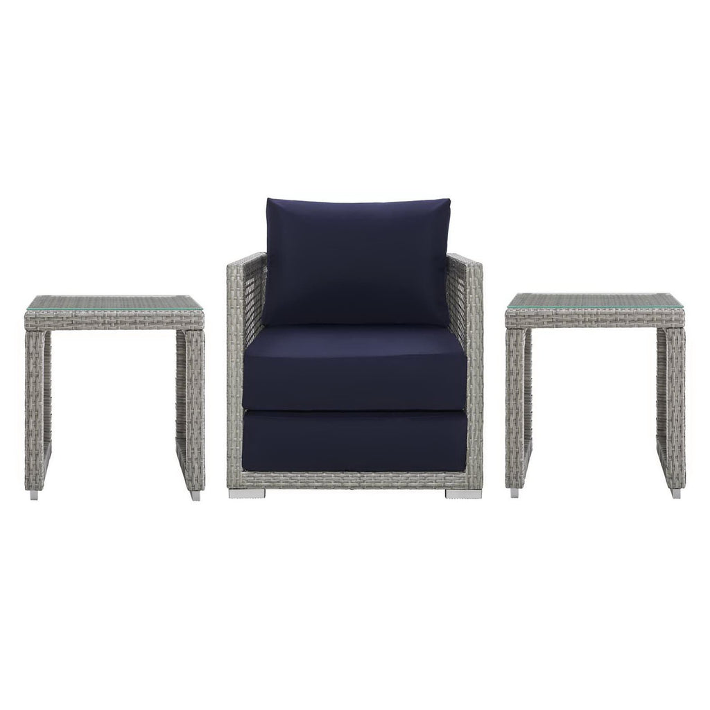 Aura 3 Piece Outdoor Patio Wicker Rattan Set - Gray Navy (Armchair, 2 Side Tables)