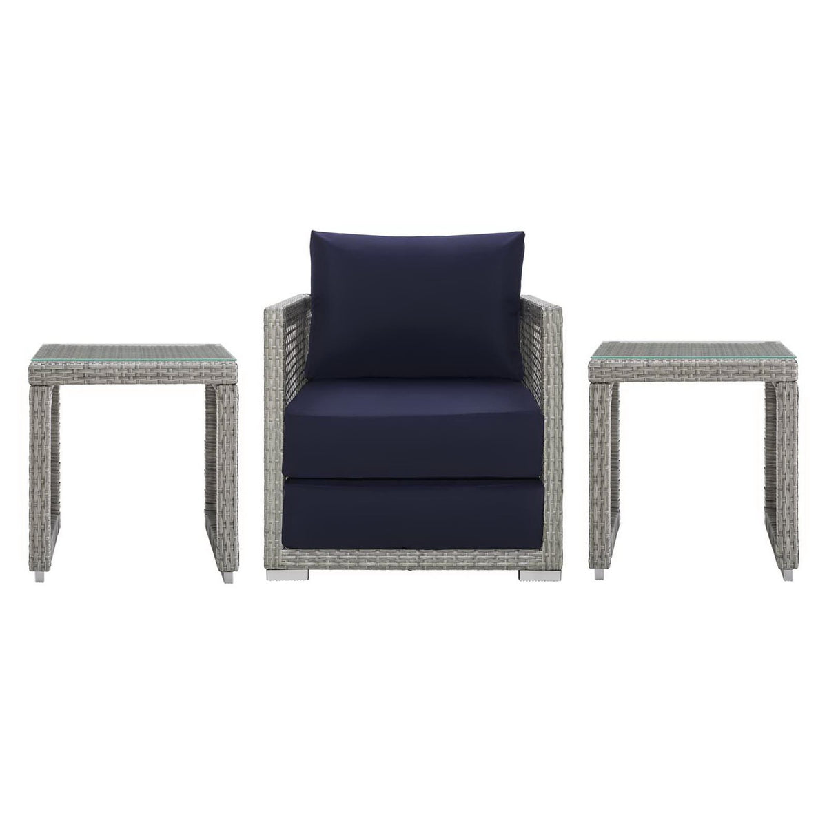 Aura 3 Piece Outdoor Patio Wicker Rattan Set - Gray Navy (Armchair, 2 Side Tables)