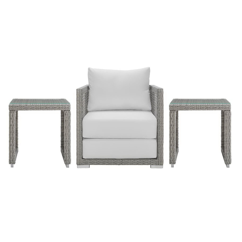 Aura 3 Piece Outdoor Patio Wicker Rattan Set - Gray White (Armchair, 2 Side Tables)