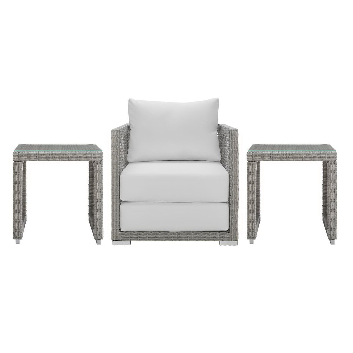 Aura 3 Piece Outdoor Patio Wicker Rattan Set - Gray White (Armchair, 2 Side Tables)