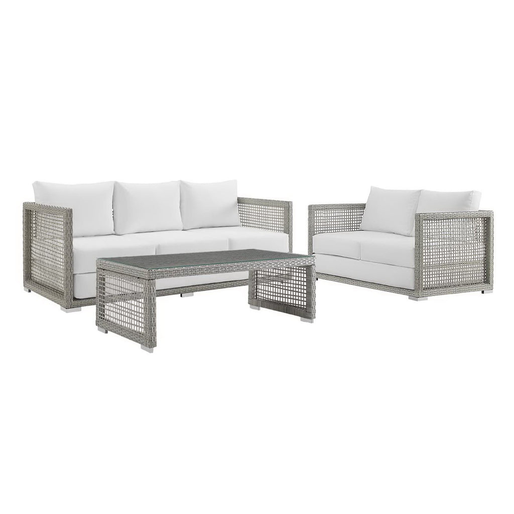 Aura 3 Piece Outdoor Patio Wicker Rattan Set - Gray White (Coffee Table, Loveseat, Sofa)