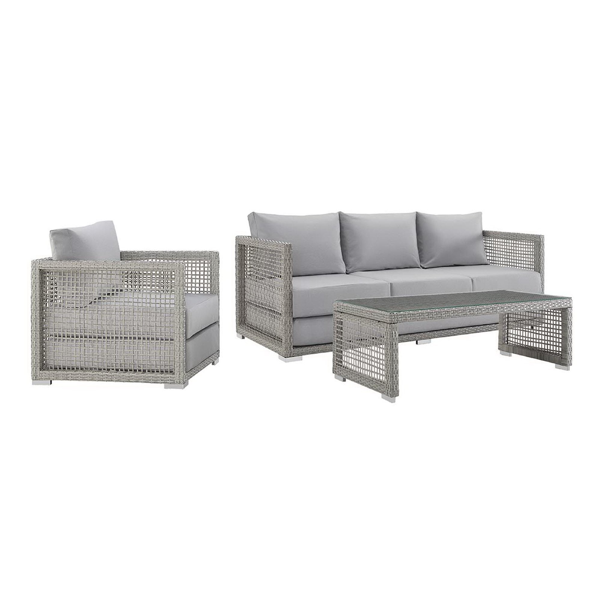 Aura 3 Piece Outdoor Patio Wicker Rattan Set - Gray Gray (Armchair, Coffee Table, Sofa)