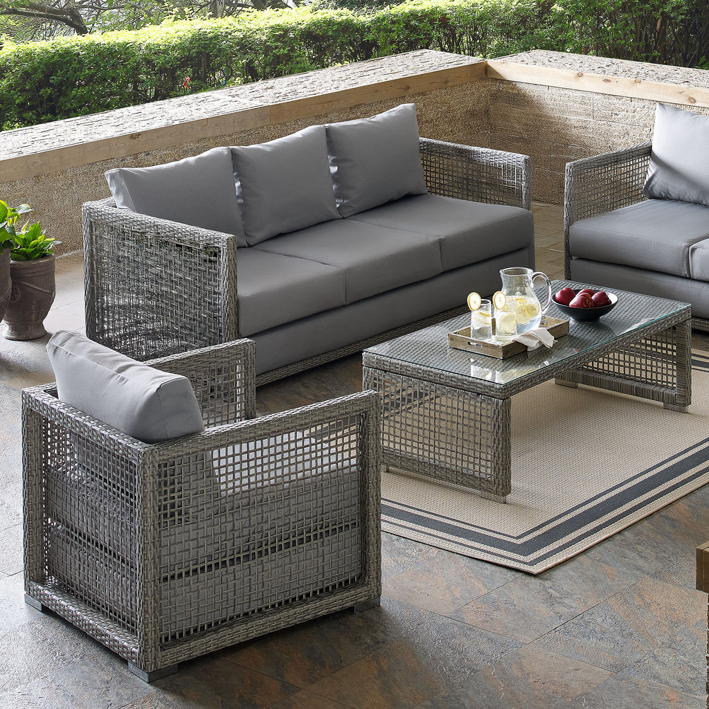 Aura 3 Piece Outdoor Patio Wicker Rattan Set - Gray Gray (Armchair, Coffee Table, Sofa)