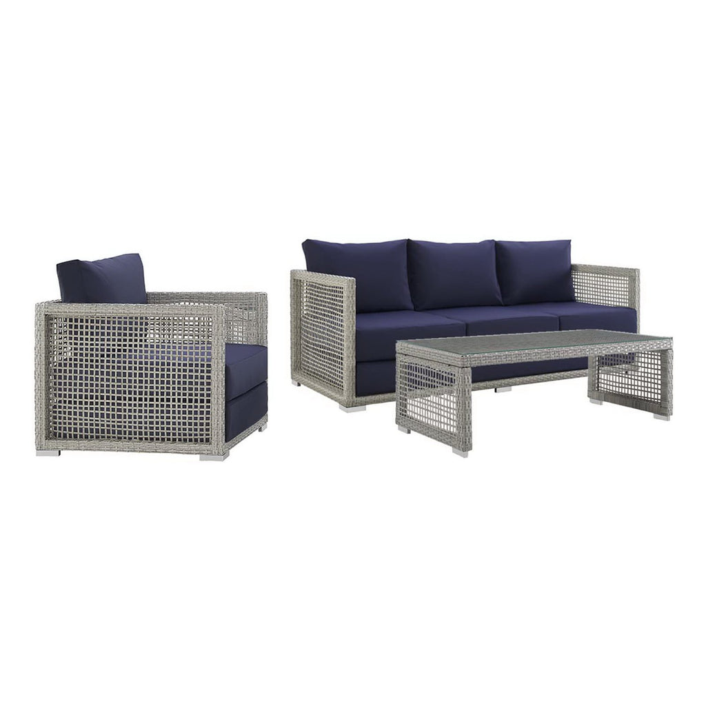 Aura 3 Piece Outdoor Patio Wicker Rattan Set - Gray Navy (Armchair, Coffee Table, Sofa)