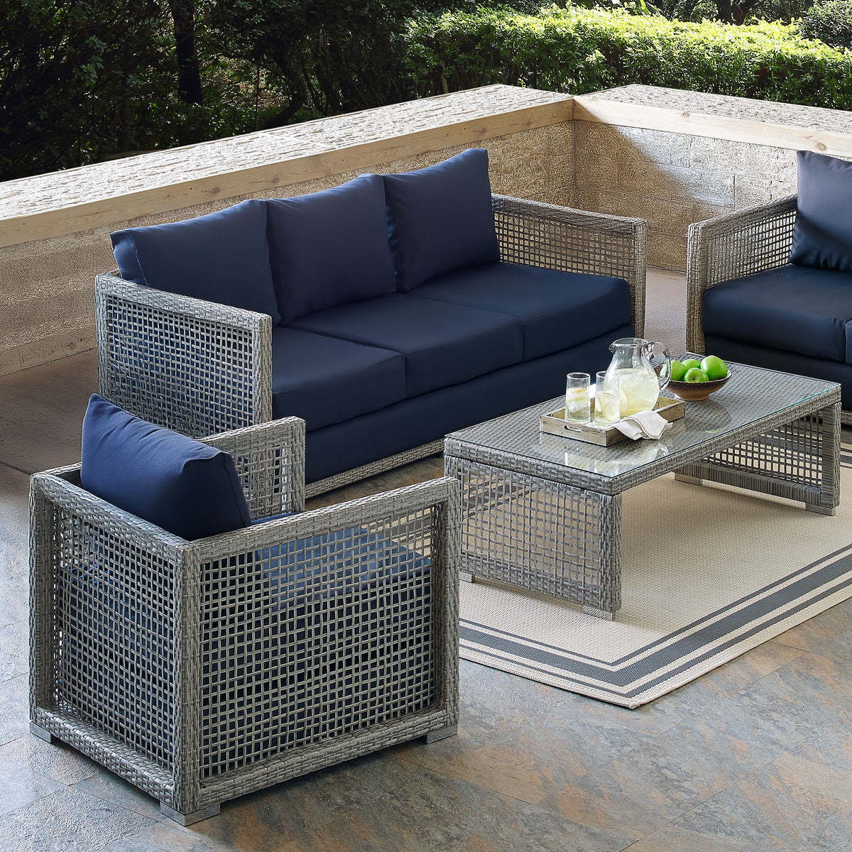 Aura 3 Piece Outdoor Patio Wicker Rattan Set - Gray Navy (Armchair, Coffee Table, Sofa)