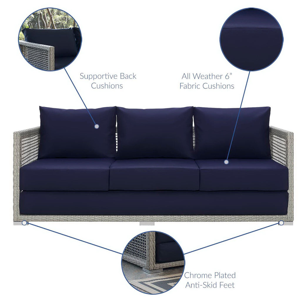 Aura 3 Piece Outdoor Patio Wicker Rattan Set - Gray Navy (Armchair, Coffee Table, Sofa)