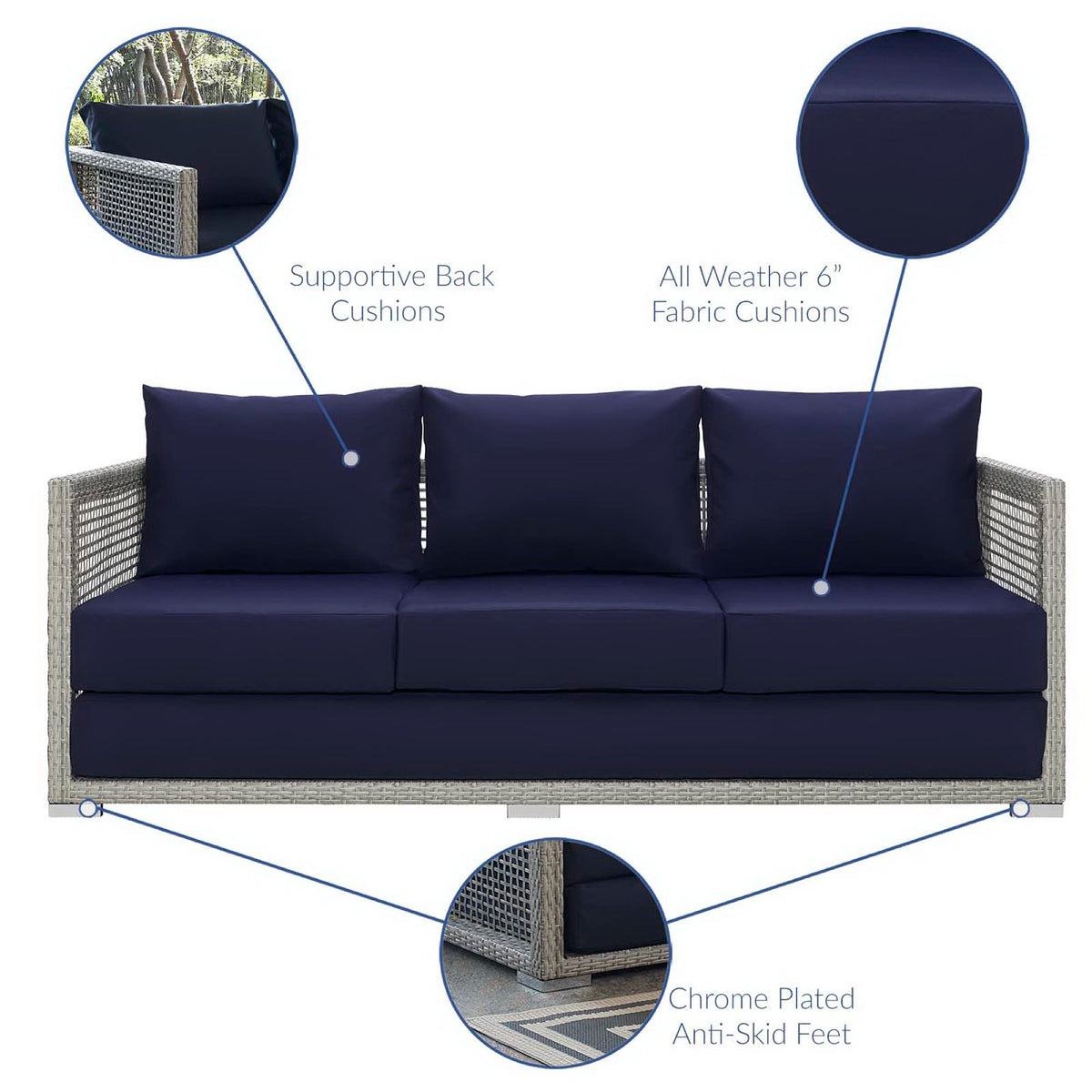 Aura 3 Piece Outdoor Patio Wicker Rattan Set - Gray Navy (Armchair, Coffee Table, Sofa)