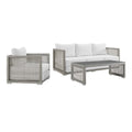 Aura 3 Piece Outdoor Patio Wicker Rattan Set - Gray White (Armchair, Coffee Table, Sofa)