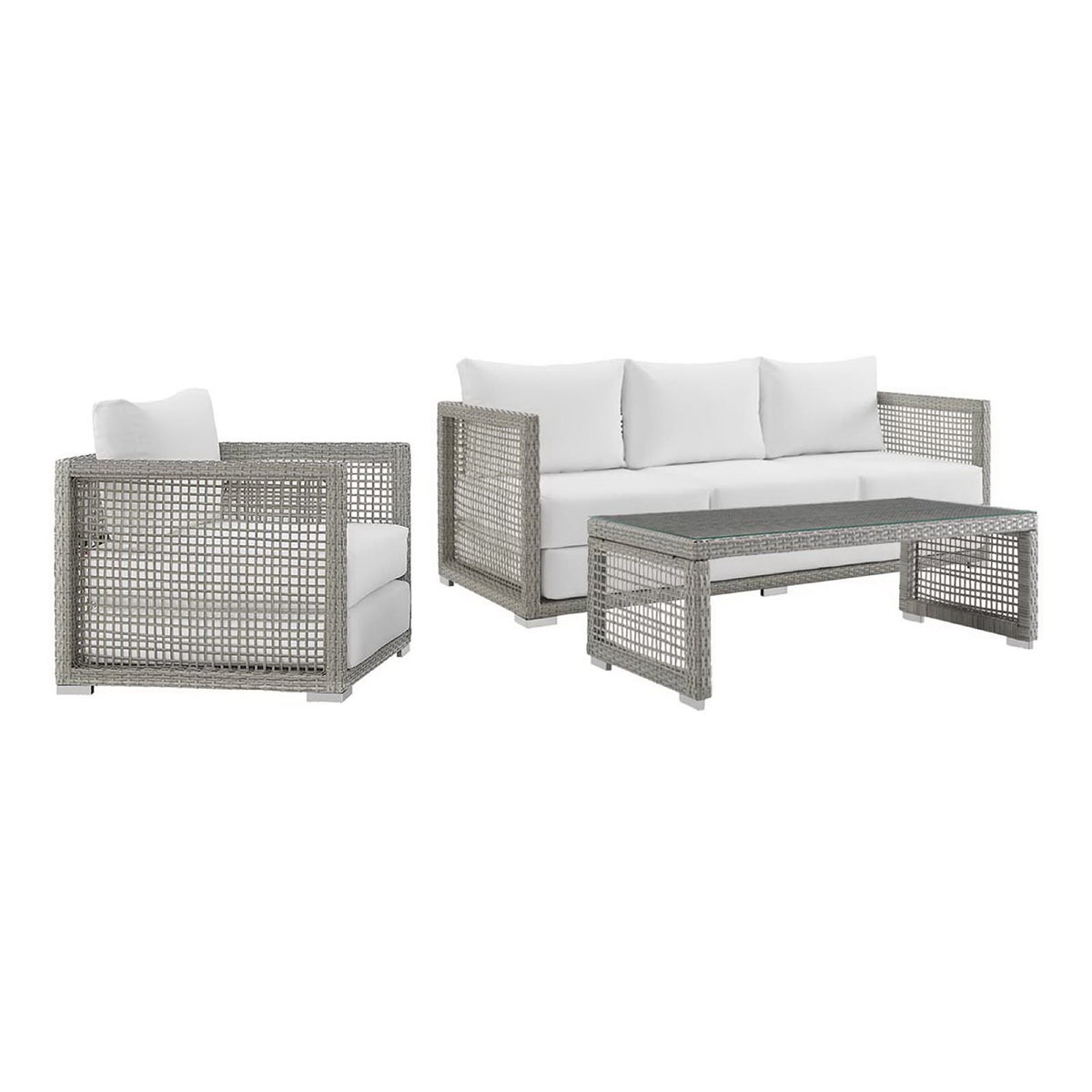 Aura 3 Piece Outdoor Patio Wicker Rattan Set - Gray White (Armchair, Coffee Table, Sofa)