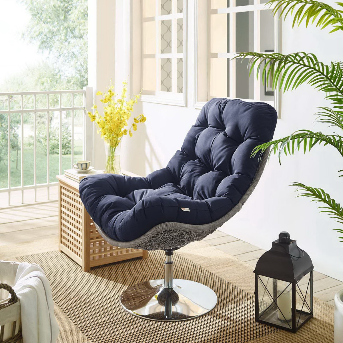 Brighton Wicker Rattan Outdoor Patio Swivel Lounge Chair - Light Gray Navy