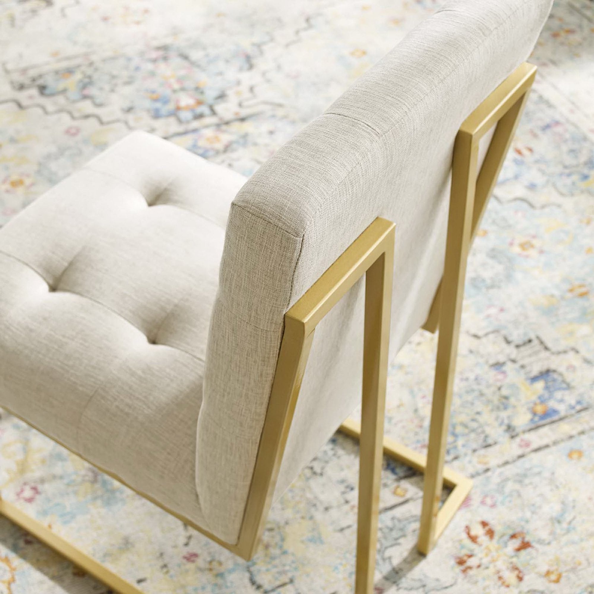 Privy Gold Stainless Steel Upholstered Fabric Dining Accent Chair - Gold Beige