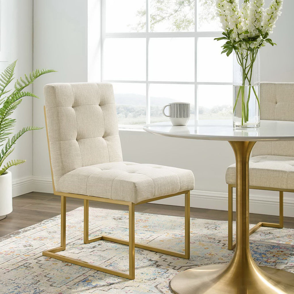 Privy Gold Stainless Steel Upholstered Fabric Dining Accent Chair - Gold Beige