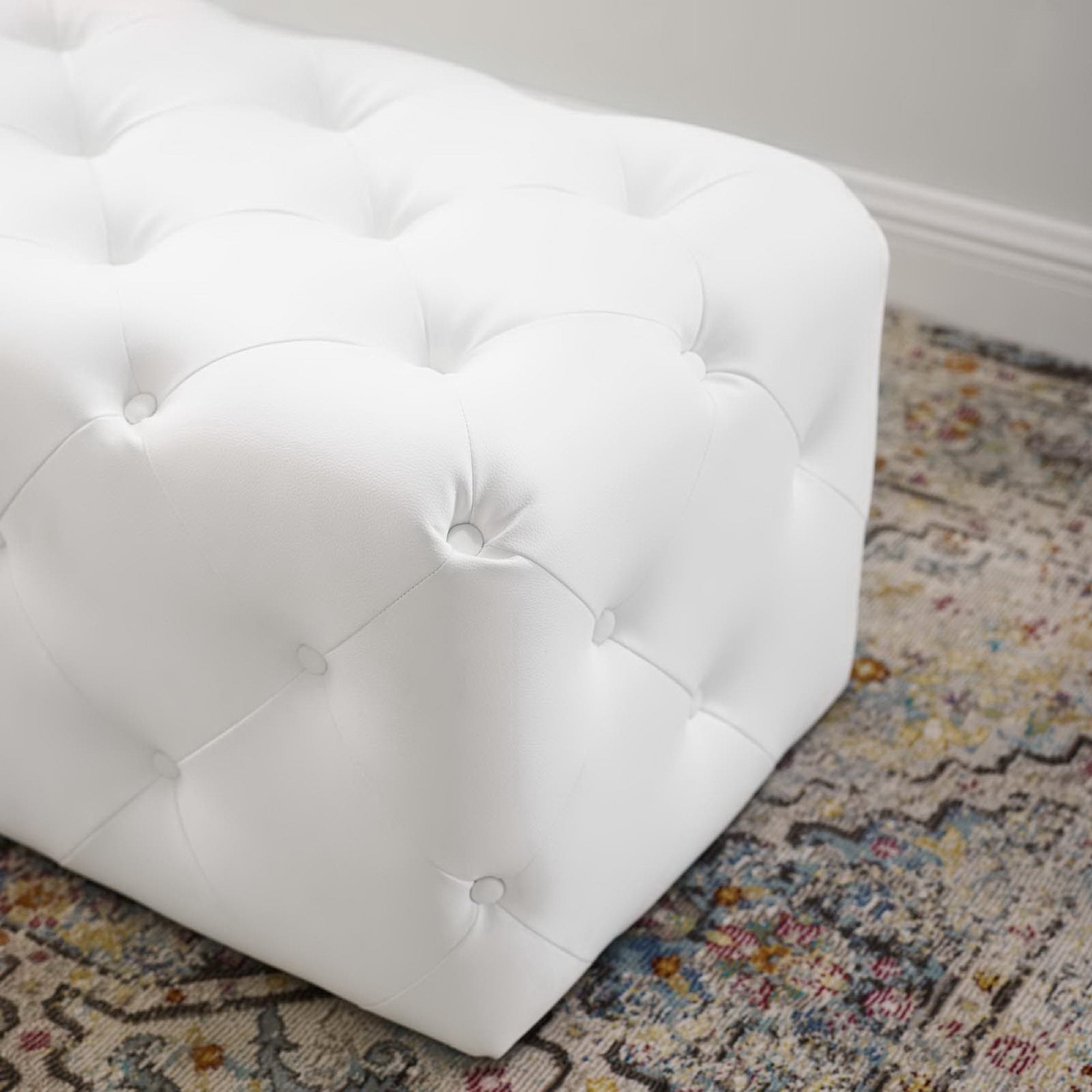 Amour 48" Tufted Button Entryway Faux Leather Bench - White