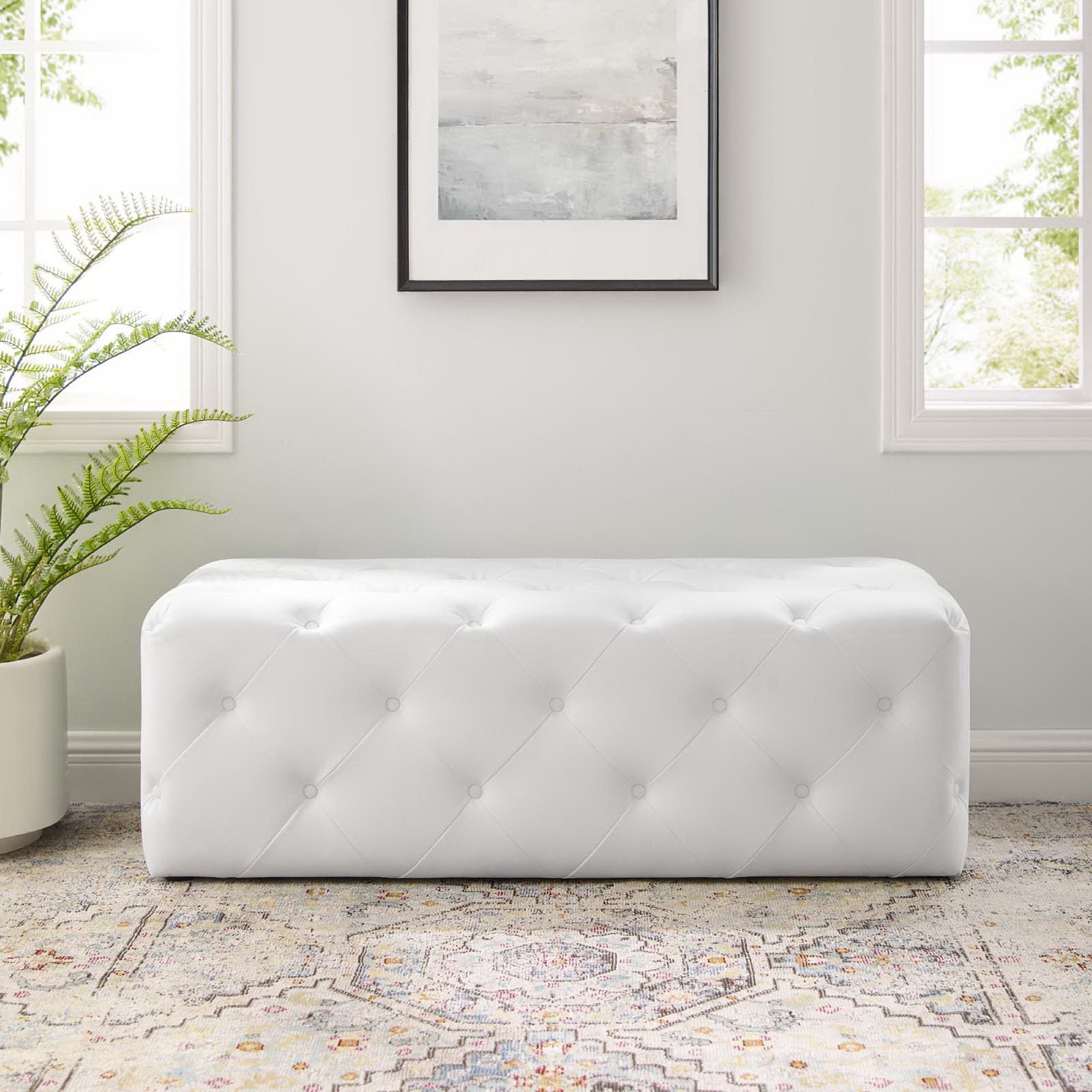 Amour 48" Tufted Button Entryway Faux Leather Bench - White