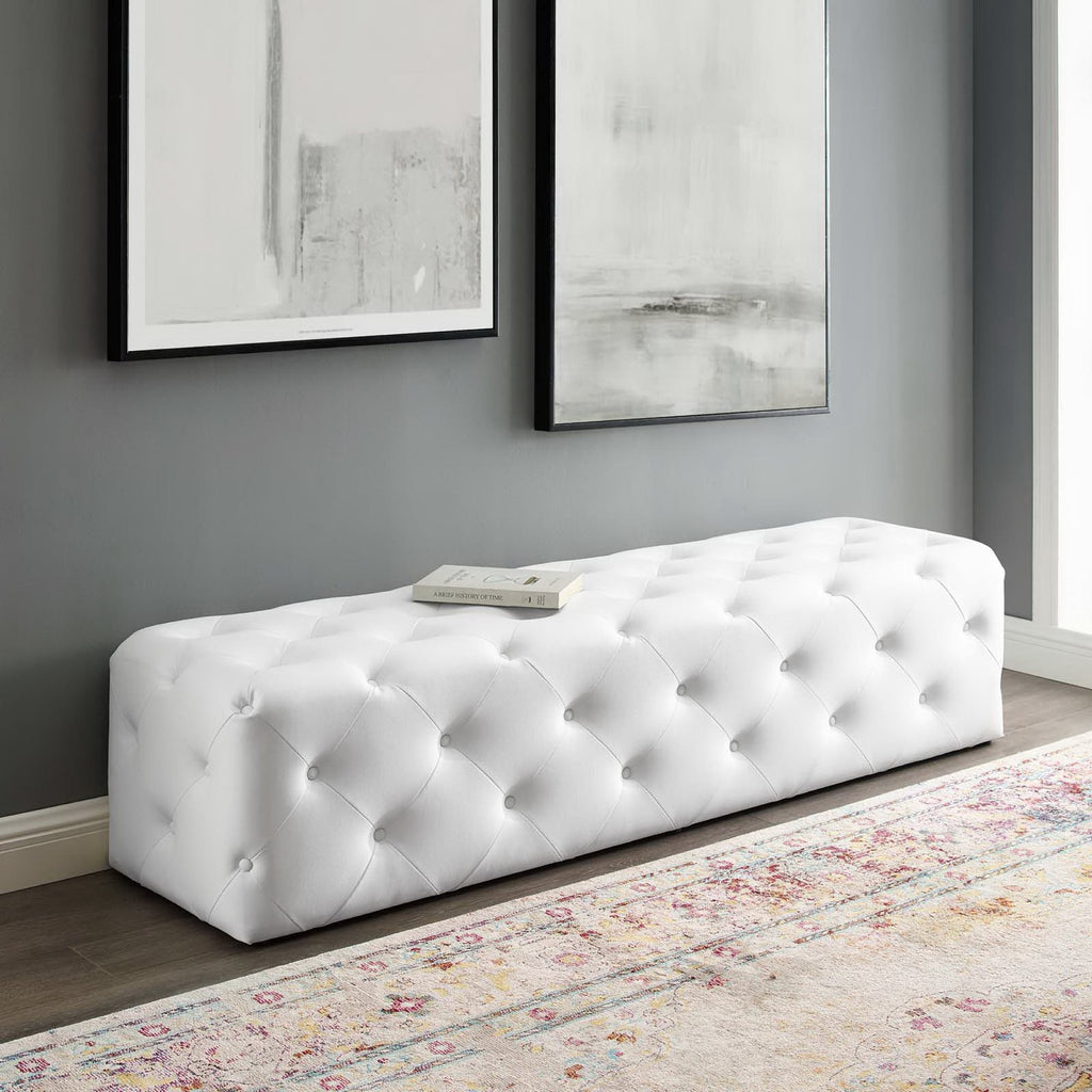Amour 72" Tufted Button Entryway Faux Leather Bench - White