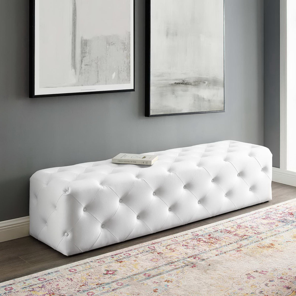 Amour 72" Tufted Button Entryway Faux Leather Bench - White