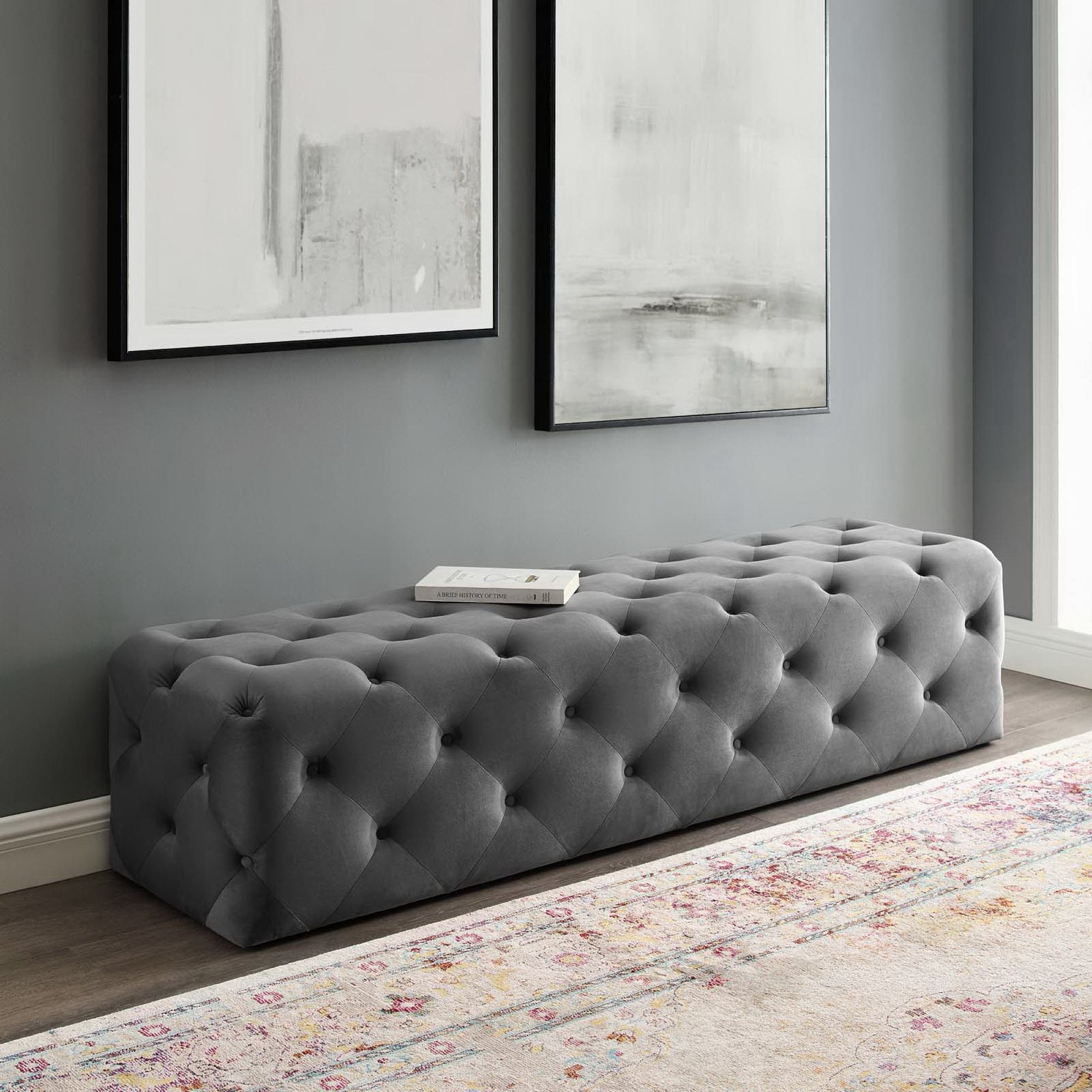 Amour 72" Tufted Button Entryway Performance Velvet Bench - Gray