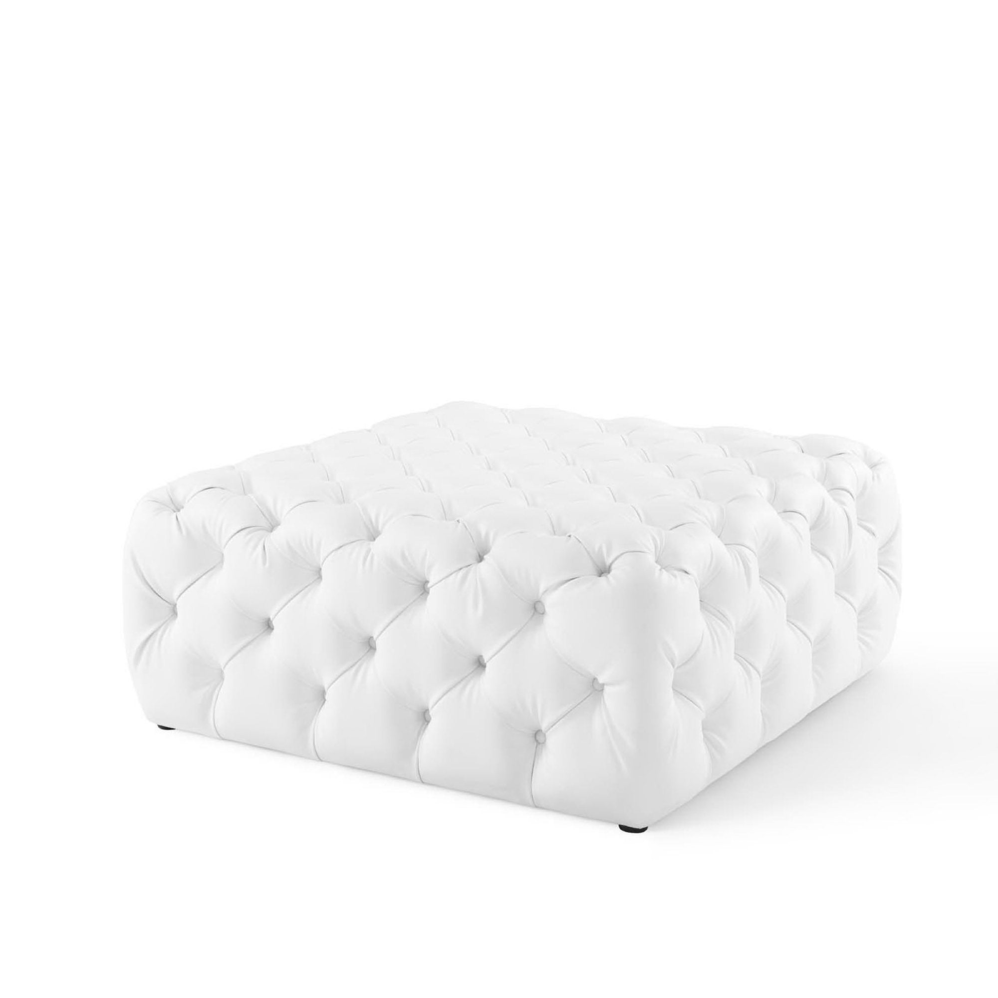 Amour Tufted Button Large Square Faux Leather Ottoman - White