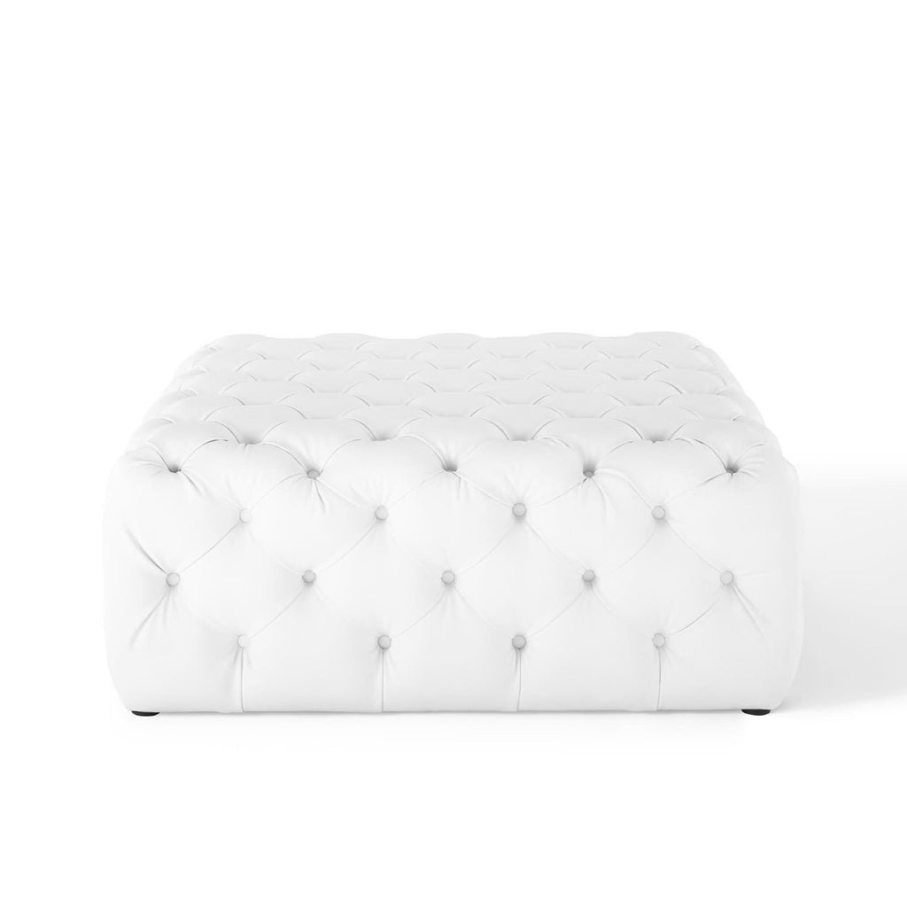 Amour Tufted Button Large Square Faux Leather Ottoman - White