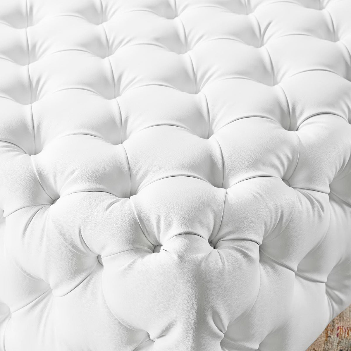 Amour Tufted Button Large Square Faux Leather Ottoman - White