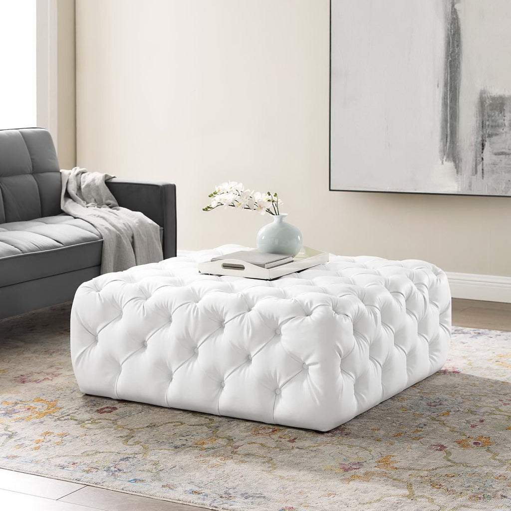 Amour Tufted Button Large Square Faux Leather Ottoman - White